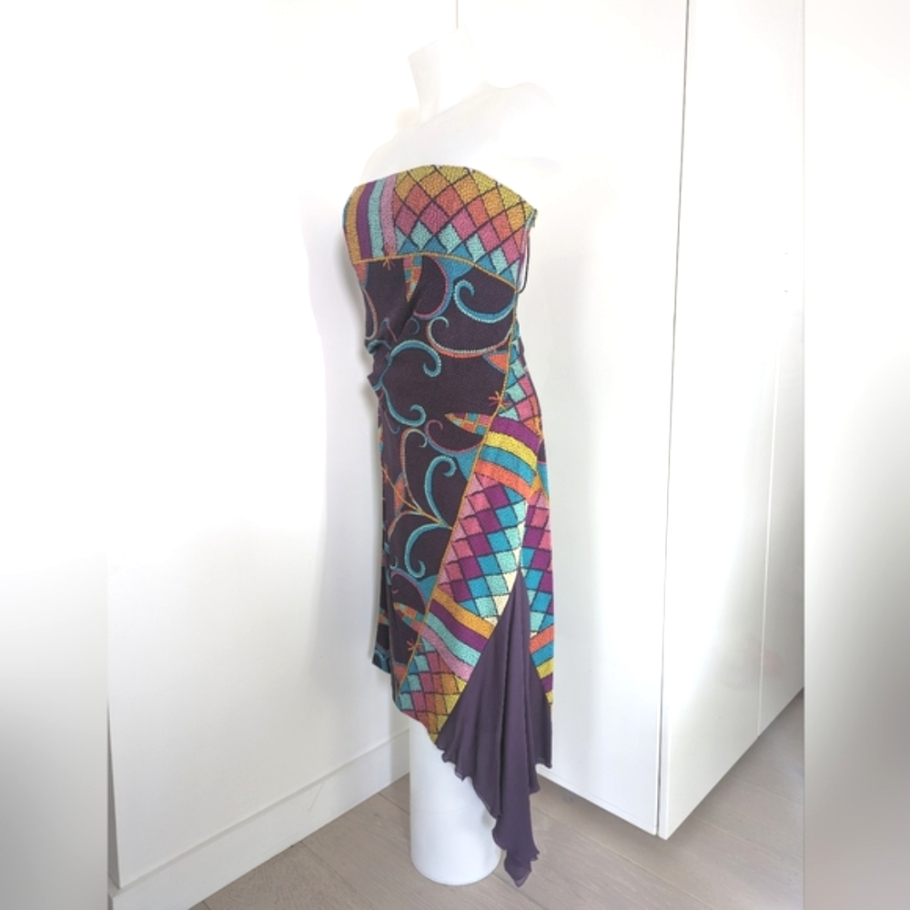 Nicole Miller Strapless Multicolor Mosaic Print Dress y2k
